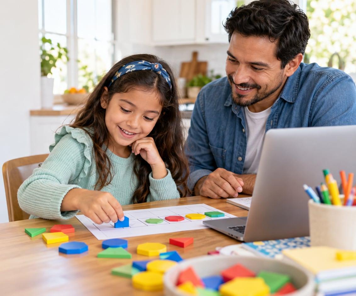 A young learner working through a shapes activity at the kitchen table while a parent looks on